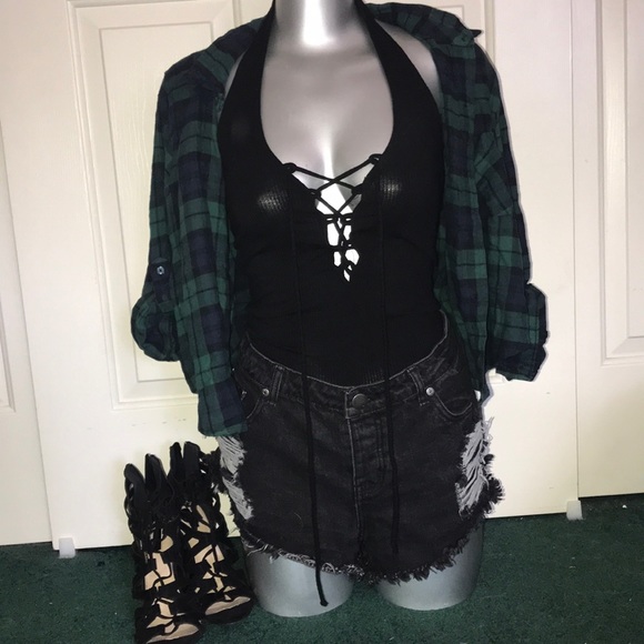 Timing Tops - Black lace up halter bodysuit